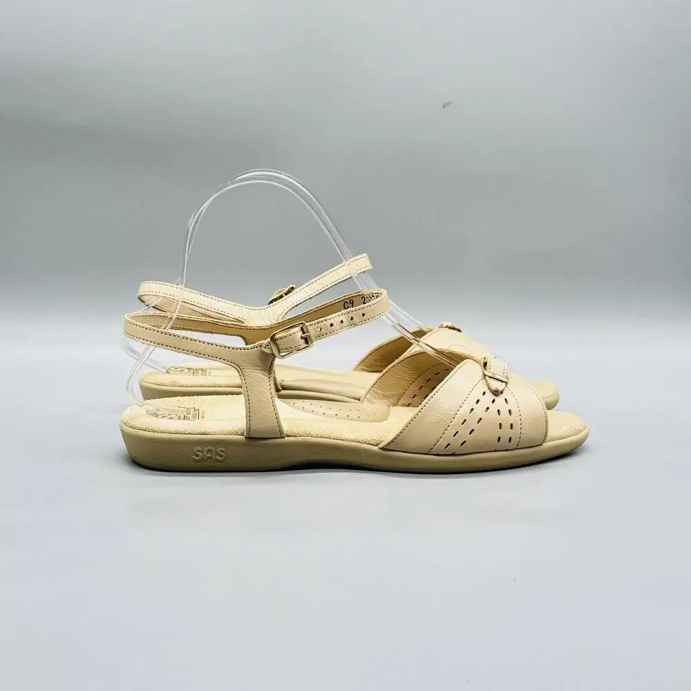 SAS Sandals Womens 8.5 Beige Leather Soft Arch Strappy Slingback Shoes Comfort
